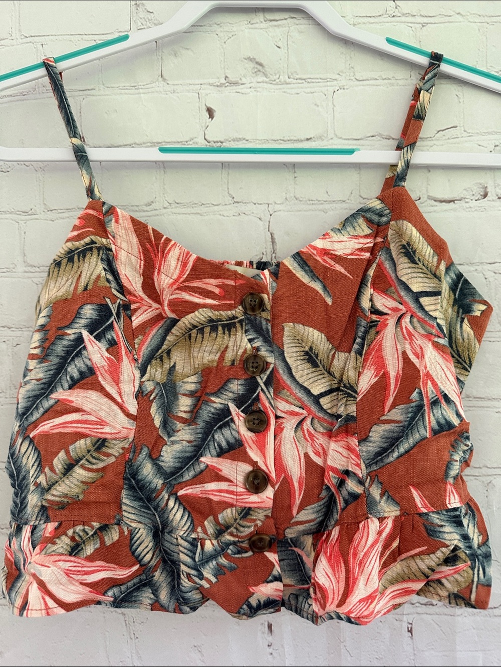 Loft Rust Tropical Print Button-Front Crop Top rayon/linen blend size 2